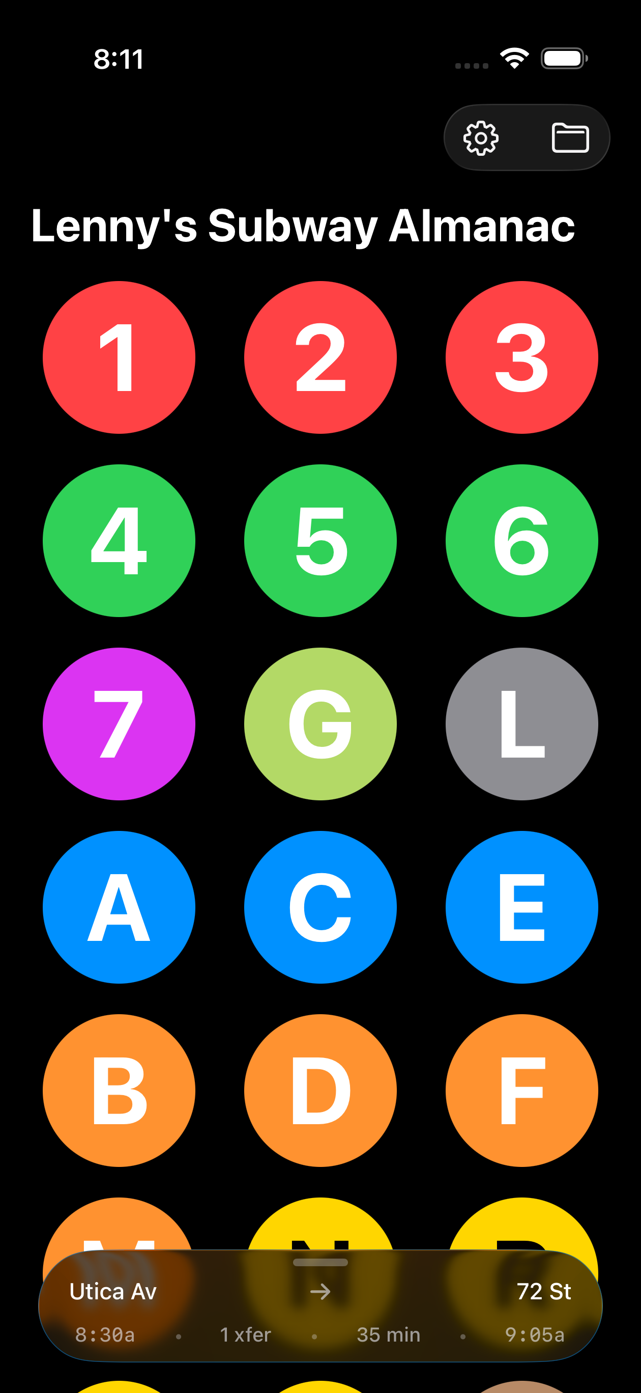 Home screen showing all subway lines